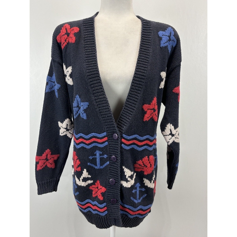 Vtg Best American Cardigan Sweater Sz Small Women's Navy Patriotic Nautical Star